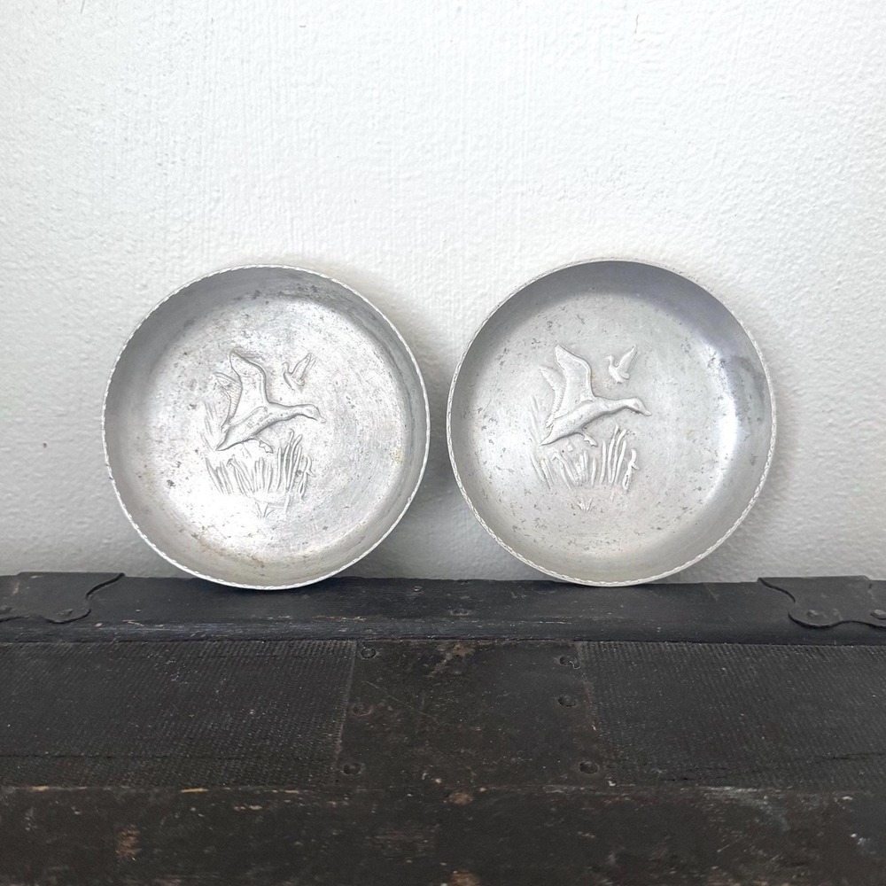 Mid Century Hammered Aluminum Geese Trays Set of 2 Vintage